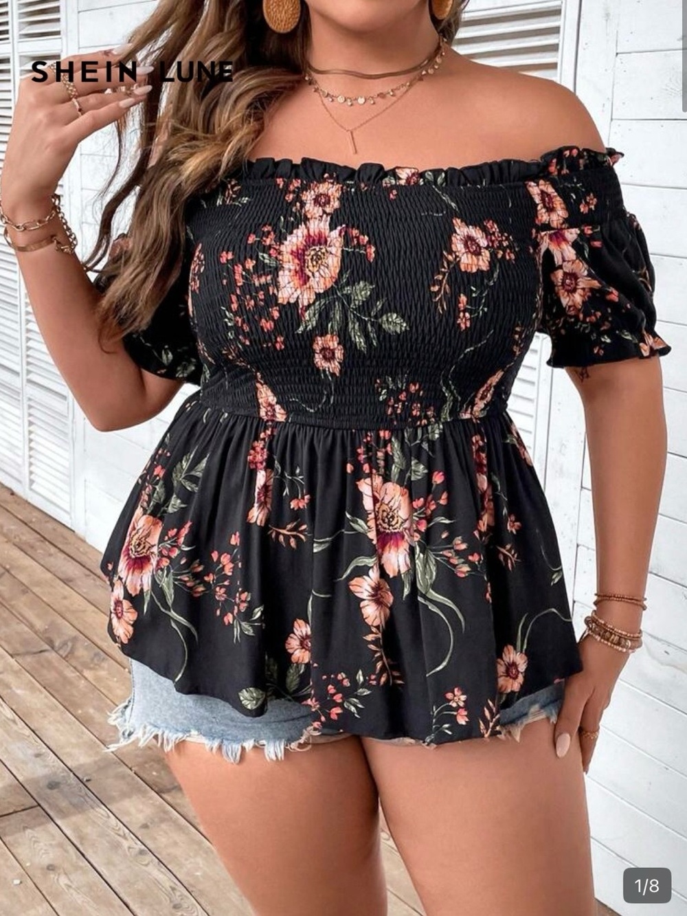 Shein Lune Women's Black Floral Off-Shoulder Smocked Peplum Top